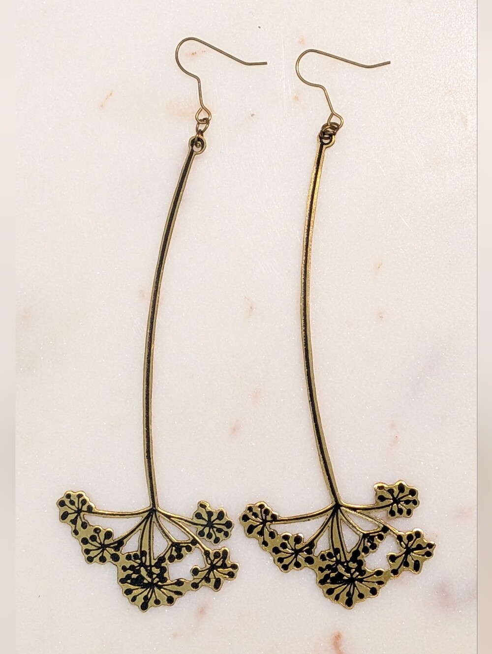 Long Brass tone Queen Anne's Lace Statement Dangle Earrings Boho